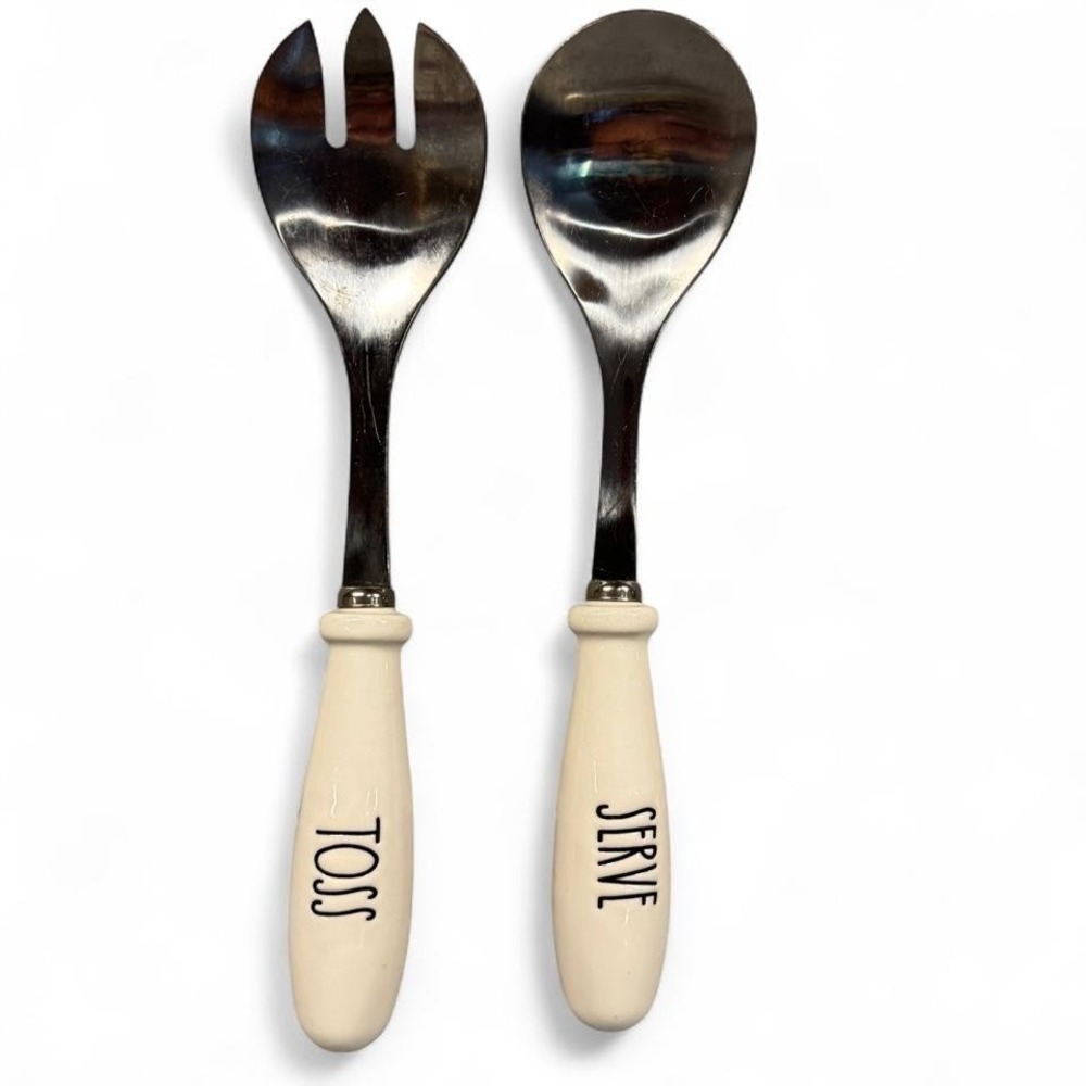 Rae Dunn Toss Serve‎ Salad Serving Utensils White Ceramic Handle Farmhouse